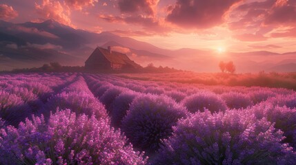 Vibrant sunset over lavender fields with charming farmhouse in scenic rural landscape - obrazy, fototapety, plakaty