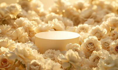 A mock-up scene featuring a podium adorned with bright flowers, standing out against a dark teal background, creating an elegant and eye-catching display.