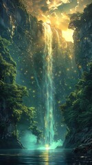 Dreamlike Landscape with Waterfall and Mountains Generative AI