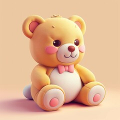 3D cartoon-style yellow teddy bear with pink bow sitting.