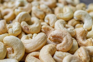a close-up of multiple whole cashew nuts, highlighting their unique, curved shape and natural texture