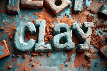 teal-colored CLAY text surrounded by pottery tools, conveying art and creativity amidst chaos