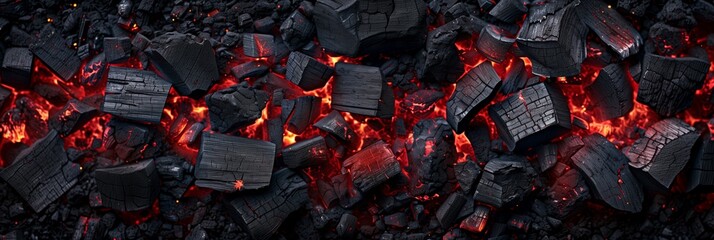 An intense close-up image of burning coal with vivid textures and embers splayed across the frame