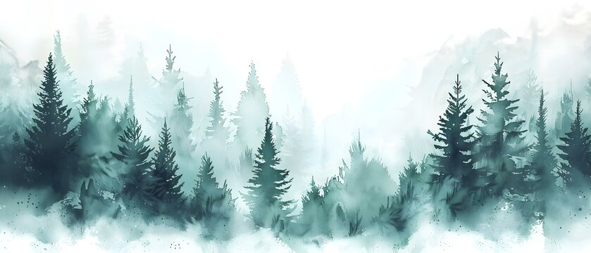 Watercolor painting of winter wild trees with evergreen leaves pine spruce birch. Concept Winter landscapes, Watercolor painting, Trees with evergreen leaves, Pine, Spruce, Birch