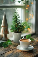 Fototapeta na wymiar A simple scene with a cup of coffee and a potted plant, perfect for lifestyle or home decor themes