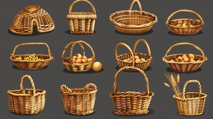 A bunch of wicker baskets filled with eggs. Suitable for farm or Easter themes - obrazy, fototapety, plakaty