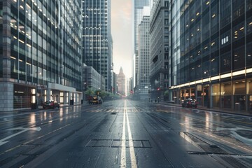 A city street wet from the rain, with tall buildings in the background. Suitable for urban and weather-related concepts