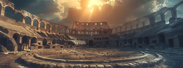 Sunlit ancient amphitheater ruins of a ruined coliseum, with arches casting shadows and clouds in the epic sky of a warm day with sun. Scene of gladiators and Roman circus.