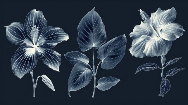 Black and white photo of flowers and leaves, suitable for botanical designs