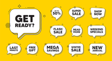 Obraz premium Offer speech bubble icons. Get ready tag. Special offer sign. Advertising discounts symbol. Get ready chat offer. Speech bubble discount banner. Text box balloon. Vector