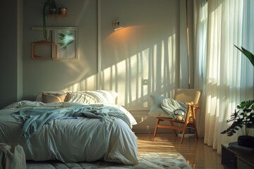 Cozy bedroom interior with a bed next to a window. Suitable for home decor concepts