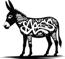 zebra, horse, donkey, animal silhouette in graffiti tag, hip hop, street art typography illustration. 