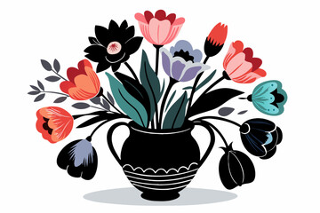  vase of  Tulips and Anemones, gouache, 
silhouette black vector illustration