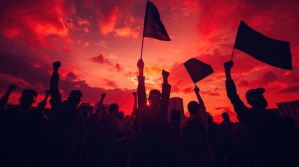 Group of people holding up flags with sunset in background. Suitable for patriotic or celebration concepts - obrazy, fototapety, plakaty
