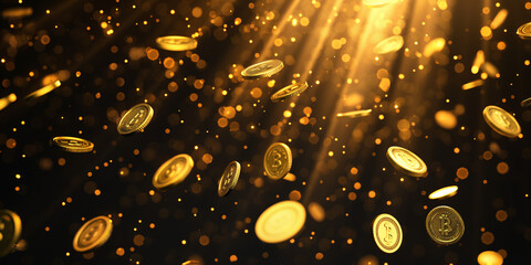 Shiny gold coins cascading from above. - obrazy, fototapety, plakaty