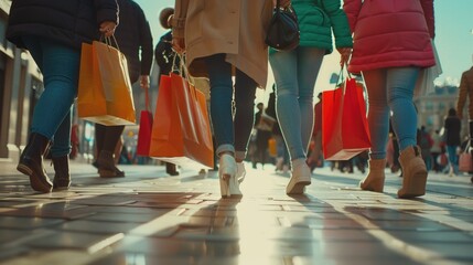 Group of people walking down a sidewalk with shopping bags. Suitable for advertising and retail concepts - obrazy, fototapety, plakaty