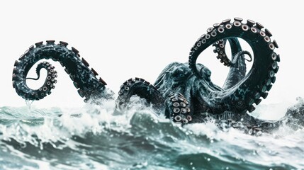 A kraken in the midst of a stormy sea, instilling fear and awe, isolated on an ultra-bright pure white background, no background