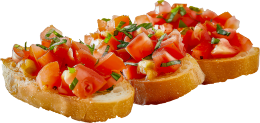 Tomato bruschetta on crusty bread cut out on transparent background