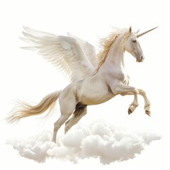 Obraz na płótnie Canvas A Pegasus galloping on a cloud, embodying freedom and nobility, isolated on an ultra-bright pure white background, no background