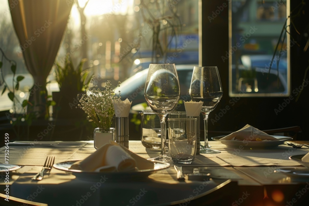 Poster a table set with wine glasses and napkins, suitable for fine dining events