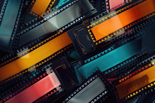 A close up of a bunch of film strips. Ideal for multimedia projects
