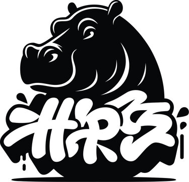 hippo, animal silhouette in graffiti tag, hip hop, street art typography illustration. 