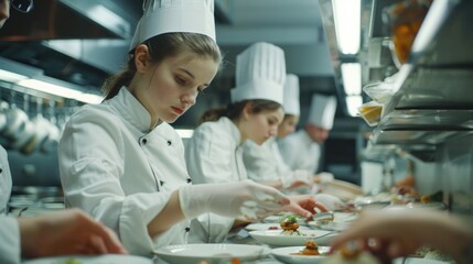 Fototapeta na wymiar Professional chefs cooking in a commercial kitchen. Suitable for culinary and food industry concepts