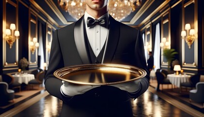 A well-groomed server in a formal tuxedo with a bow tie is holding a reflective golden tray, standing in an opulent restaurant with elegant lighting.

 - Powered by Adobe
