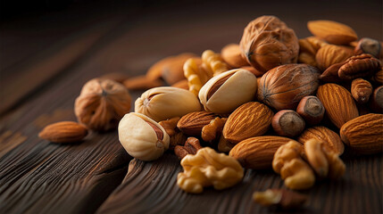 healthy nuts on wooden background, AI Generative.