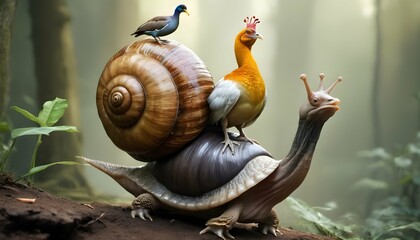a-dodo-bird-riding-on-the-back-of-a-giant-snail-upscaled_2 2 - obrazy, fototapety, plakaty