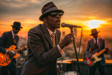 Elegant jazz singer performing with his band against a stunning sunset backdrop. - obrazy, fototapety, plakaty