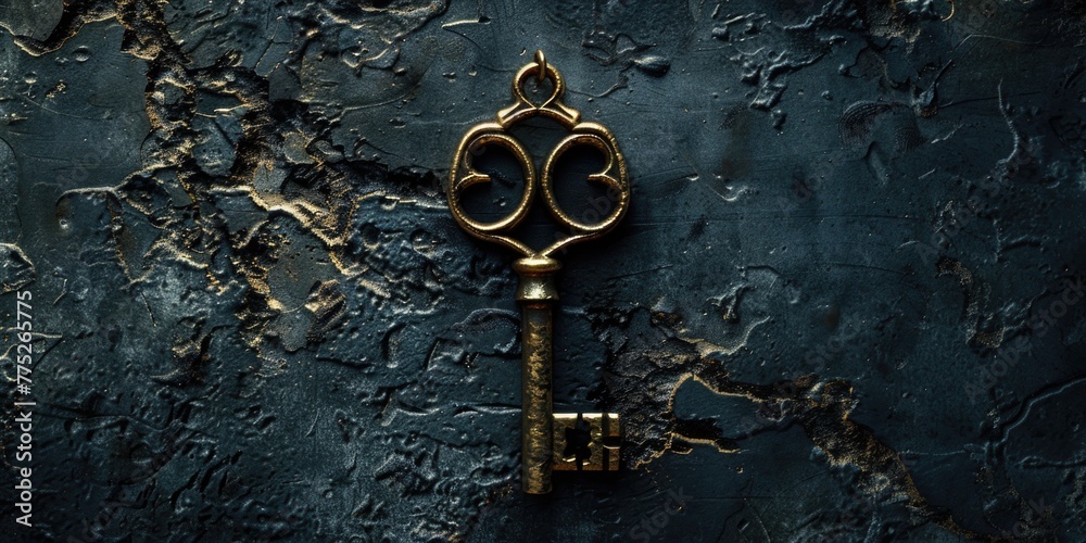 Poster a shiny gold key on a vibrant blue background. perfect for design projects or security concepts