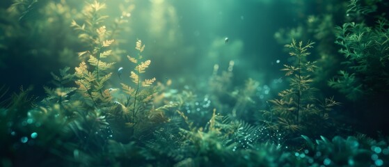 A deep underwater environment, illuminated by bioluminescent creatures and plants, rendered in Octane for a dreamlike, otherworldly underwater landscape.