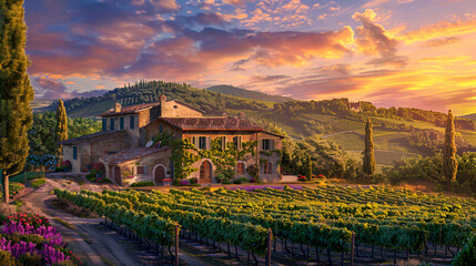 Naklejka premium Idyllic Tuscany Landscape with Vineyards at Sunset, Beautiful Rural Italy, Wine Country