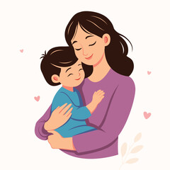 Illustration of a Boy in mother's arms. Mother's day concept. White background.