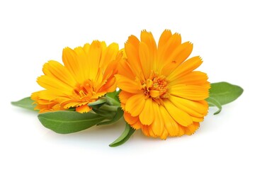 Two vibrant yellow flowers with green leaves on a white background. Suitable for various design projects