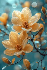 Delicate Yellow Magnolia Blossoms with Dewdrops Generative AI