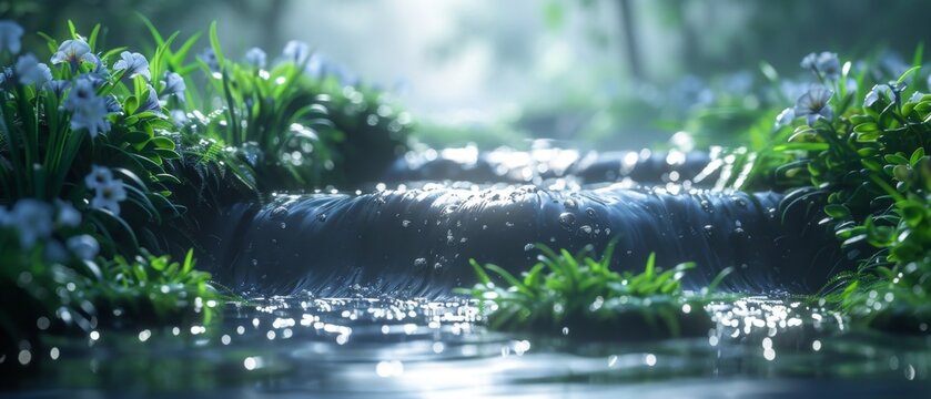  flowing stream, with water rendered as a series of interconnected geometric shapes in a tranquil setting.