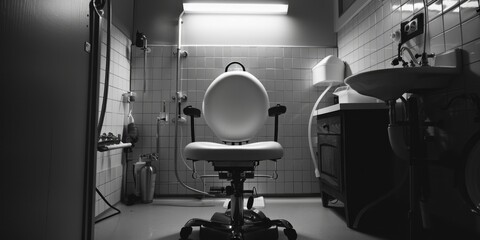 Fototapeta na wymiar A simple black and white photo of a chair in a bathroom. Suitable for interior design concepts