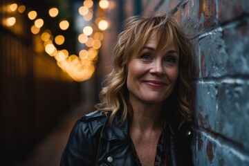 Portrait of a beautiful middle-aged woman in a black jacket against a brick wall.