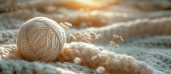 White cream sand fluffy wool yarn ball light fluffy background - obrazy, fototapety, plakaty