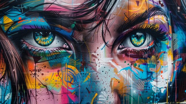 Capture the vibrant colors and intricate details of urban art projects in a closeup shot Show how these projects breathe life and creativity into the cityscape