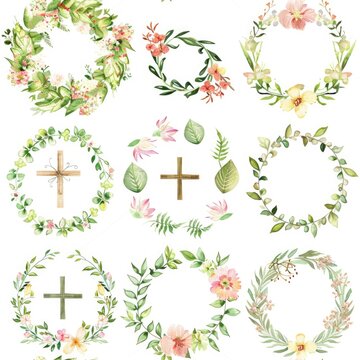 Beautiful watercolor floral wreaths and crosses for various design projects