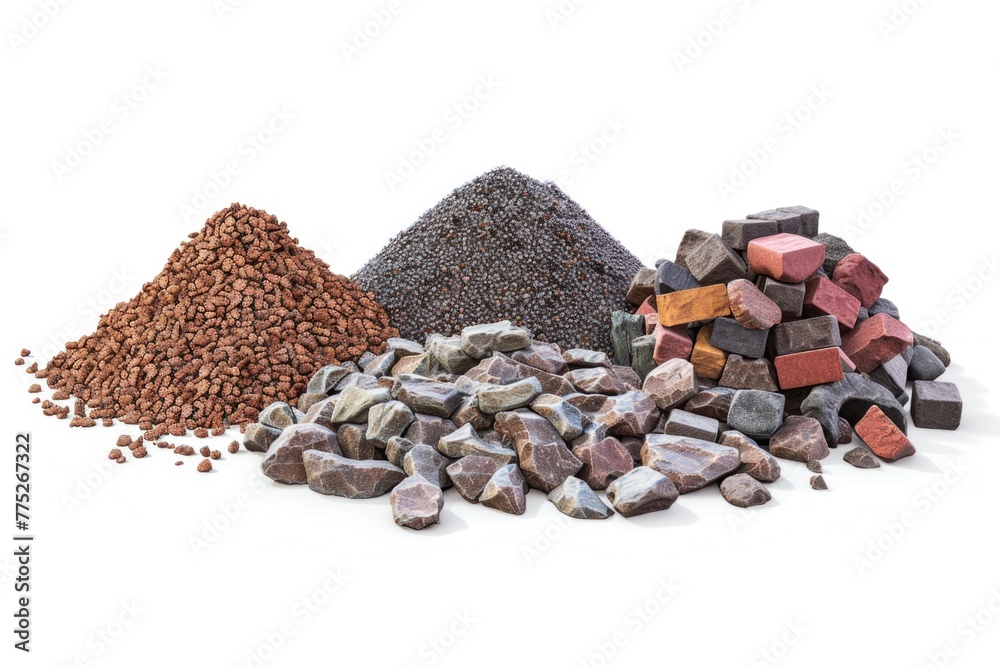 Poster a pile of rocks and gravel on a white surface. suitable for construction projects