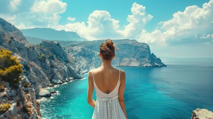 A woman standing on a cliff looking at the ocean. Suitable for travel and adventure concepts