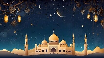 Islamic salutation cards for Eid Mubarak, a Muslim festival The holiday celebration of Eid ul Adha Arabic wallpaper for Ramadan featuring the stars and crescent moon in the night sky