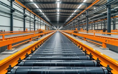 Fototapeta premium A large warehouse filled with rows of conveyor belts moving products efficiently