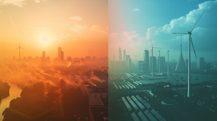 A split-screen image contrasting polluted, smog-filled cityscapes with clean, renewable energy sources like wind and solar farms.