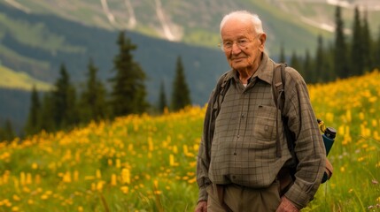 Fototapeta premium An older man with a backpack standing in the middle of grass, AI