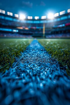 Close-up of a vibrant blue yard line on a stadium field with unfocused stadium lights in the background, highlighting the anticipation of a sports event.